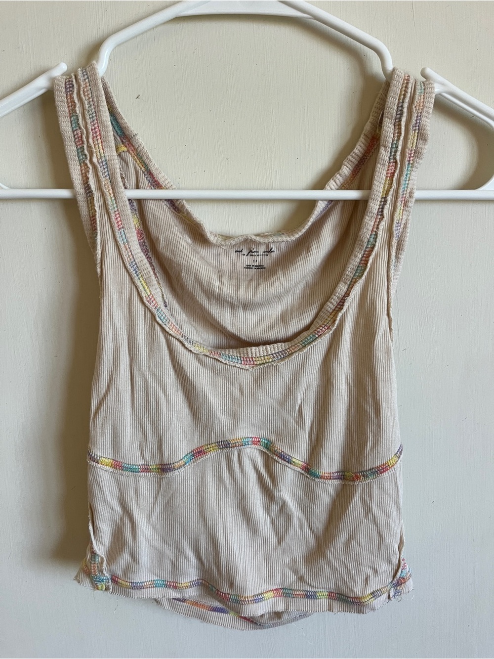 Out from under Light Beige Ribbed cropped Tank Top with Rainbow Trim
